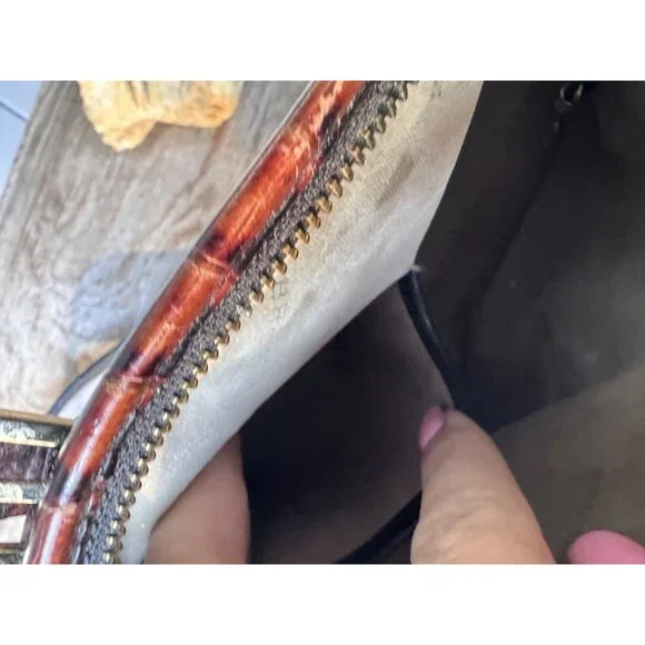 Brahmin Leather Satchel Shoulder Crossbody Bag Black Brown Croc Embossed Zip Top - Picture 8 of 9